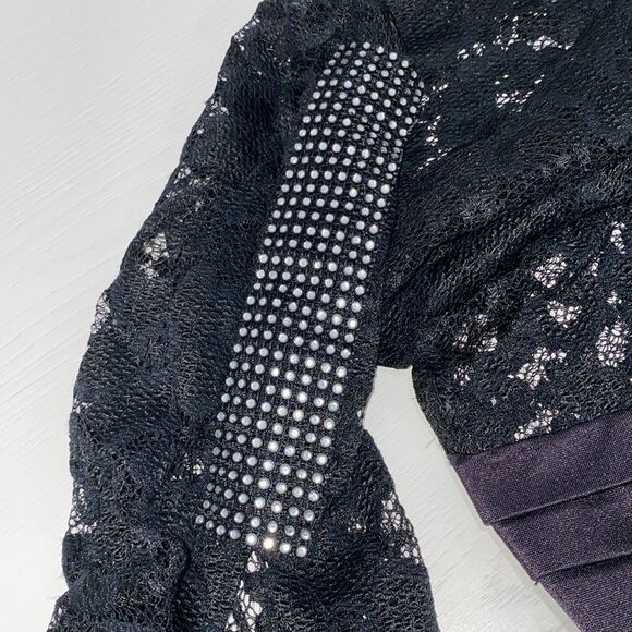 Sentimental NY By Sam Hourani Black Lace Dress With Rhinestone Tuxedo Belt Sz M - Picture 11 of 13